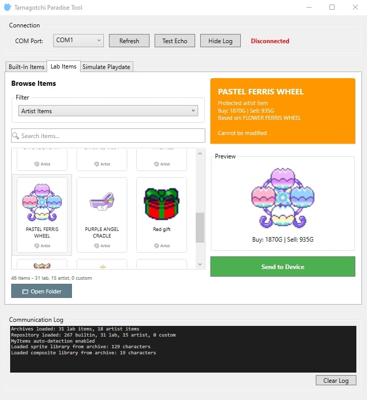 Lab Items browser with custom artist items