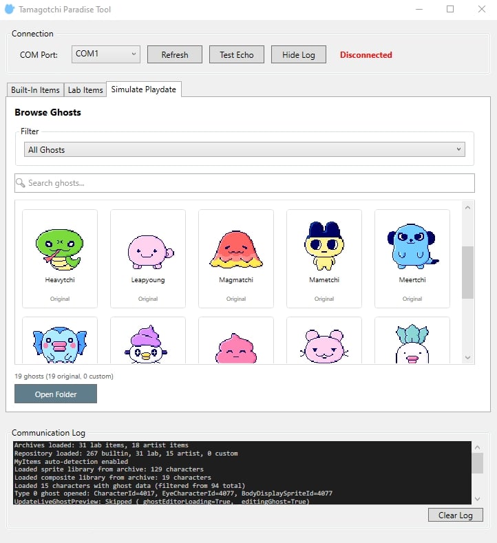 Ghost browser showing various Tamagotchi characters