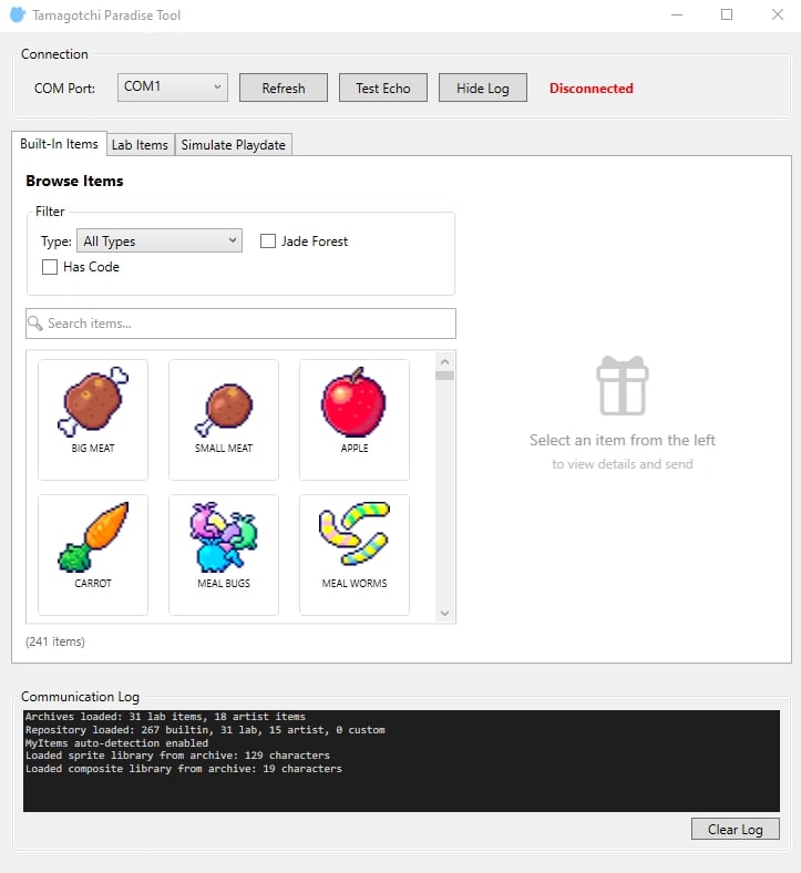 Built-in items browser showing food items